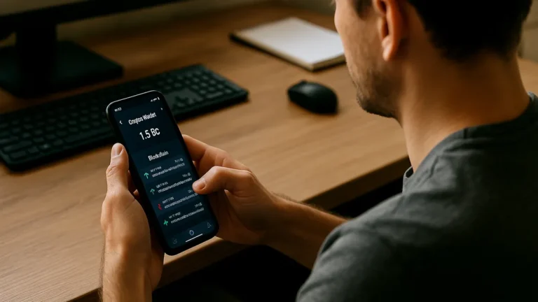 A person holding a smartphone showing a cryptocurrency wallet app interface with blockchain transaction details visible on screen.