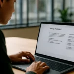 A person working on a laptop in an office, interacting with an AI writing assistant on the screen.