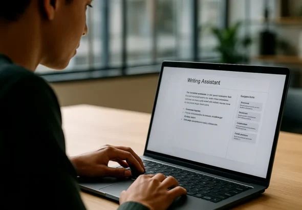 A person working on a laptop in an office, interacting with an AI writing assistant on the screen.