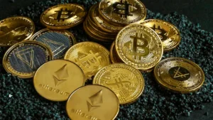 a pile of gold and silver bitcoins