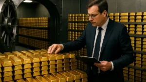 A professional inspecting stacks of gold bars inside a secure vault with bright lighting and organized storage.