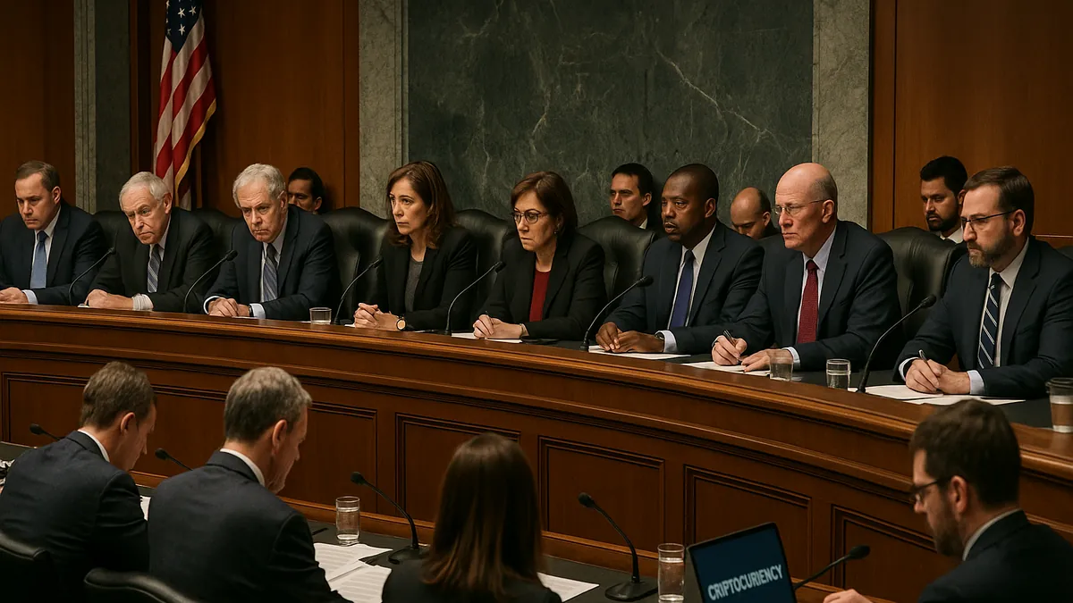 A Senate Banking Committee session with lawmakers discussing cryptocurrency regulation, seated with microphones and documents in a formal hearing room.