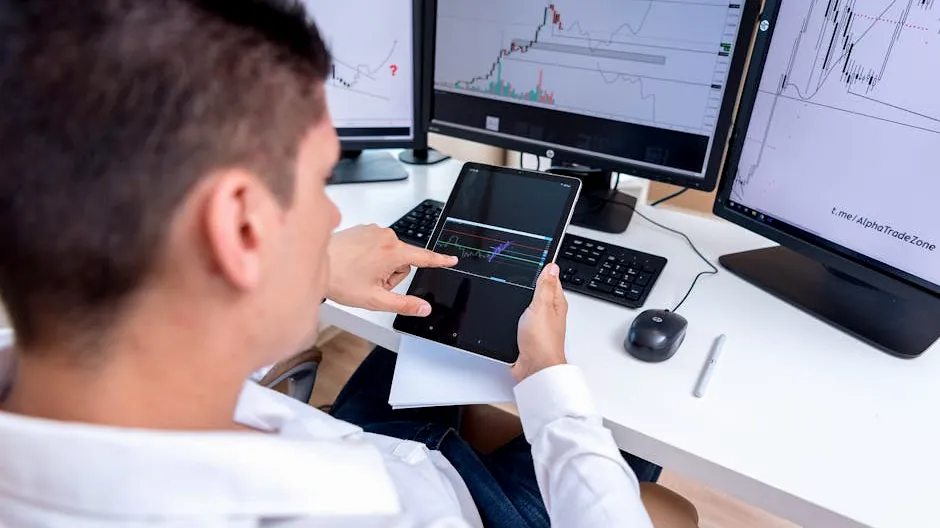 A stock trader analyzing cryptocurrency charts on multiple monitors and a tablet.