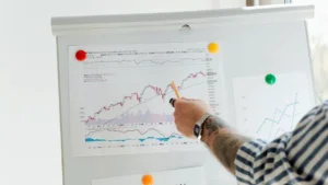 A tattooed person pointing at finance charts and graphs on a whiteboard.