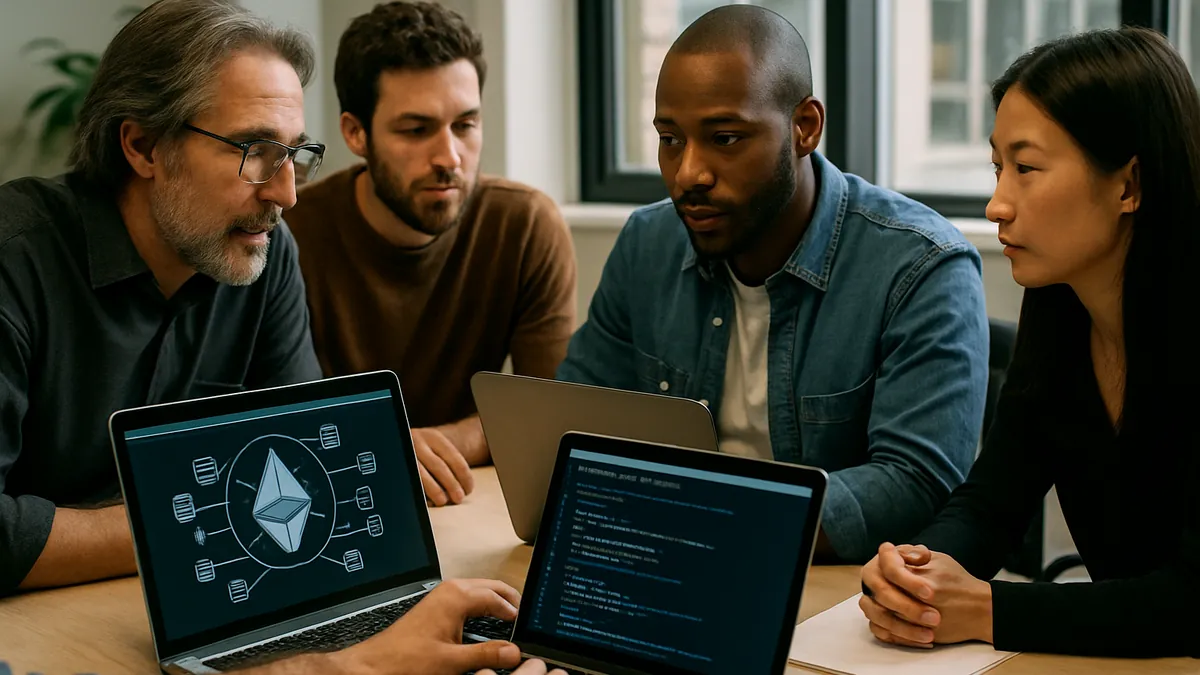 A team of blockchain developers discussing Ethereum network diagrams and code in a bright office environment.