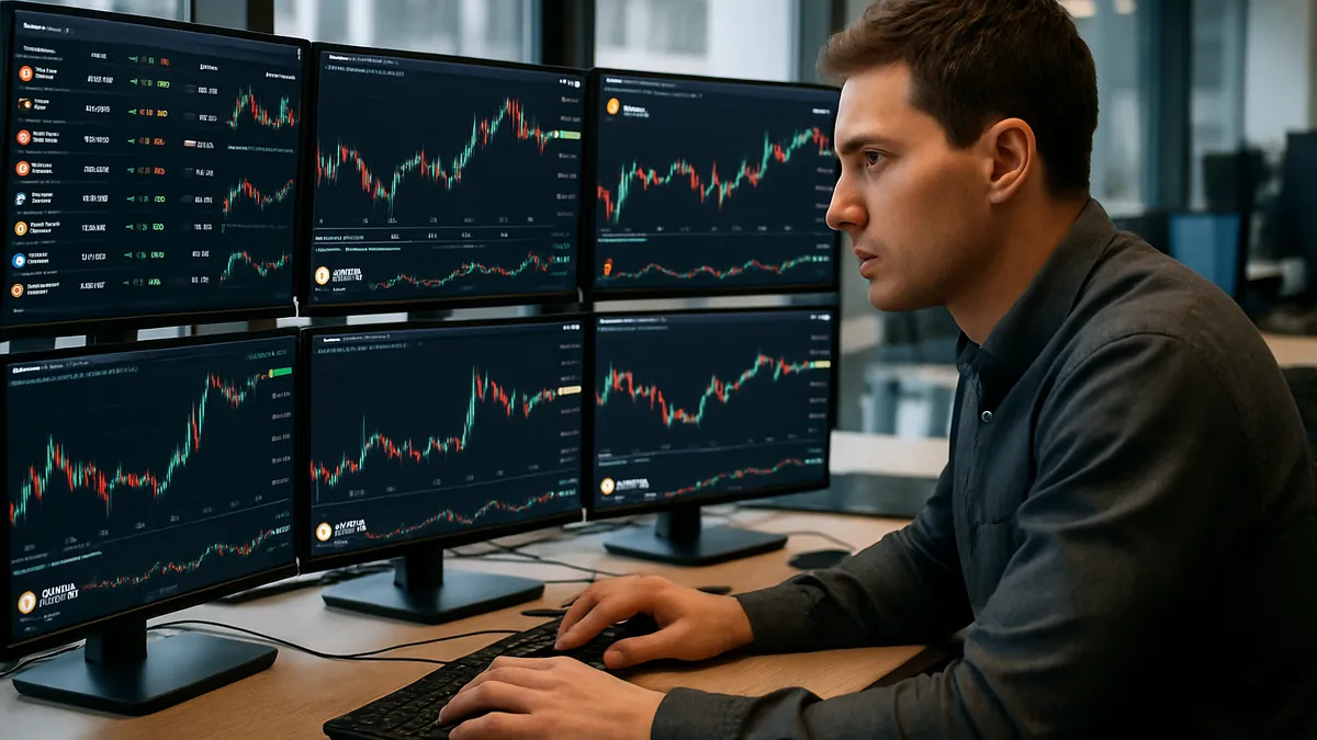 A trader at a cryptocurrency trading desk with multiple screens showing crypto charts and prices in a modern office