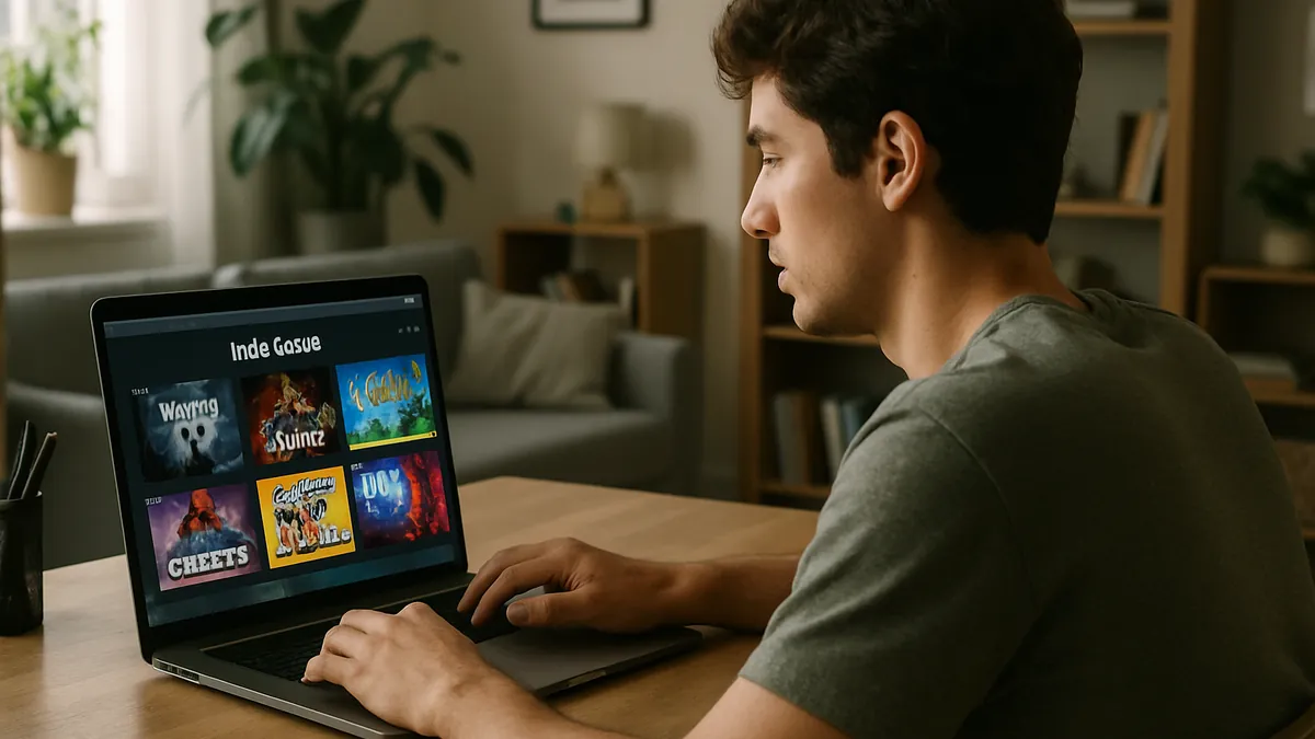 A young adult using a laptop at home, viewing a digital game storefront on the screen with indie game listings visible.