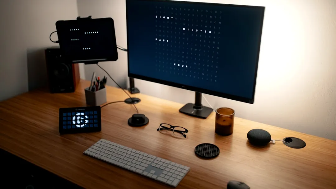 black flat screen computer monitor on brown wooden desk