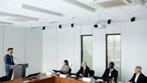 Business presentation with diverse colleagues in a modern conference room setting.