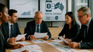Business professionals in a conference room reviewing financial documents and digital payment data on screens during a strategy meeting.