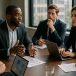 Business professionals in a modern office discussing blockchain strategy around a conference table with laptops and digital devices