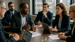 Business professionals in a modern office discussing blockchain strategy around a conference table with laptops and digital devices