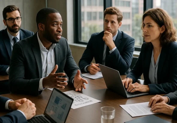 Business professionals in a modern office discussing blockchain strategy around a conference table with laptops and digital devices