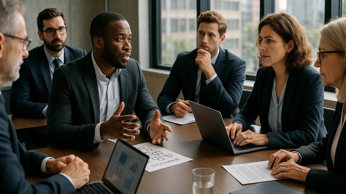 Business professionals in a modern office discussing blockchain strategy around a conference table with laptops and digital devices