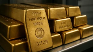 Close-up image of physical gold bars with serial numbers and purity marks stored securely in a Swiss vault.