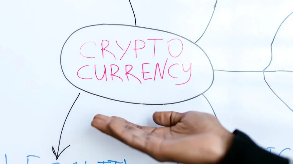 Close-up of a hand gesturing at a cryptocurrency diagram on a whiteboard, highlighting crypto concepts.
