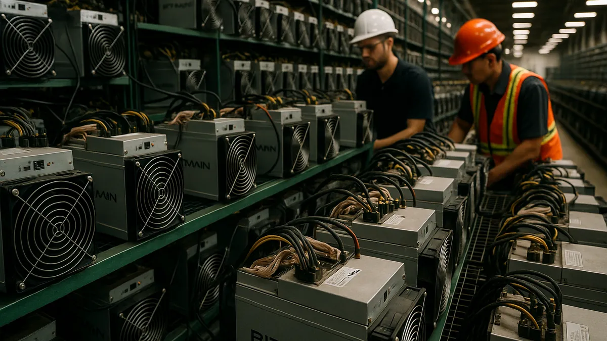Close-up view of rows of Bitmain cryptocurrency mining machines with workers inspecting equipment in an industrial mining facility.