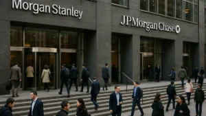 Exterior of Morgan Stanley and JPMorgan Chase bank building with people entering and leaving during the day.