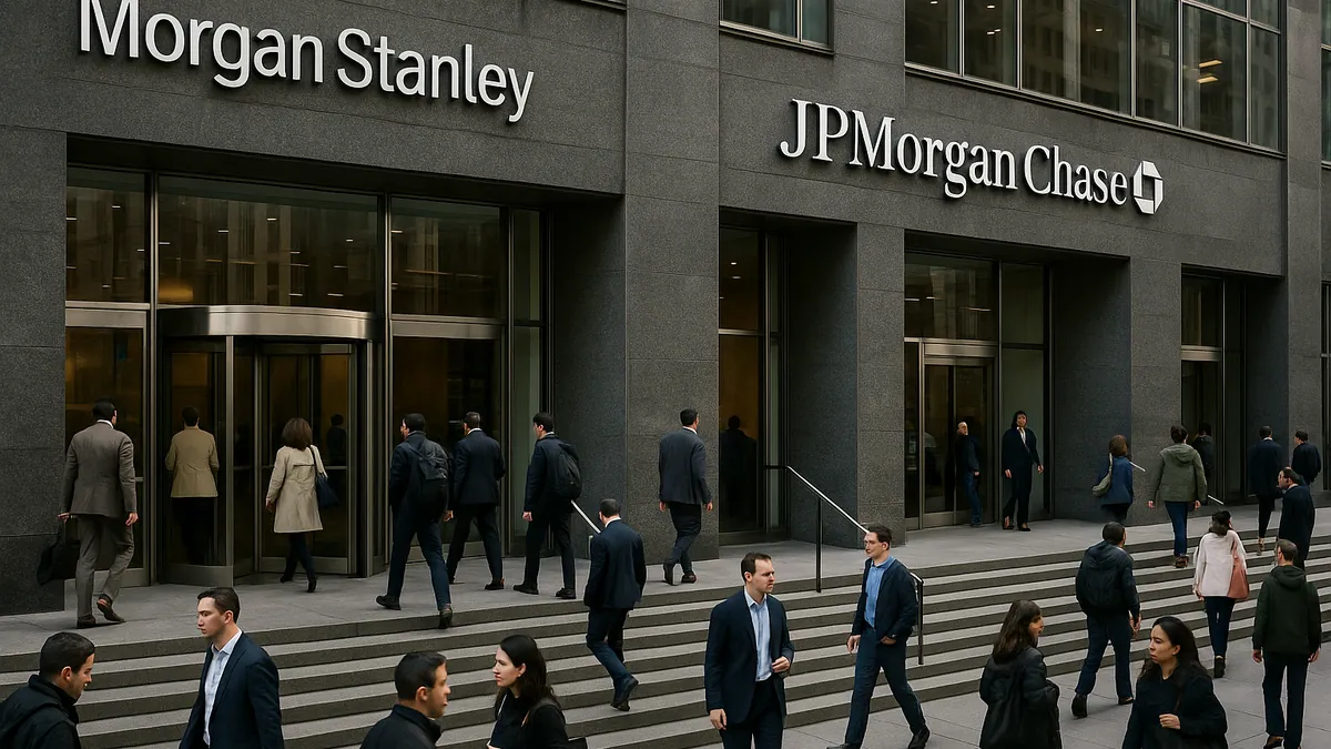 Exterior of Morgan Stanley and JPMorgan Chase bank building with people entering and leaving during the day.