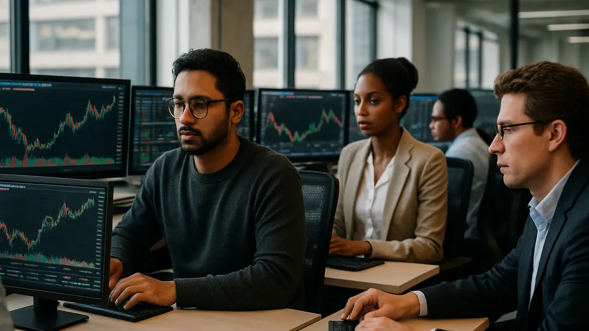 Financial analysts working at desks with multiple screens showing cryptocurrency charts in a modern office setting.