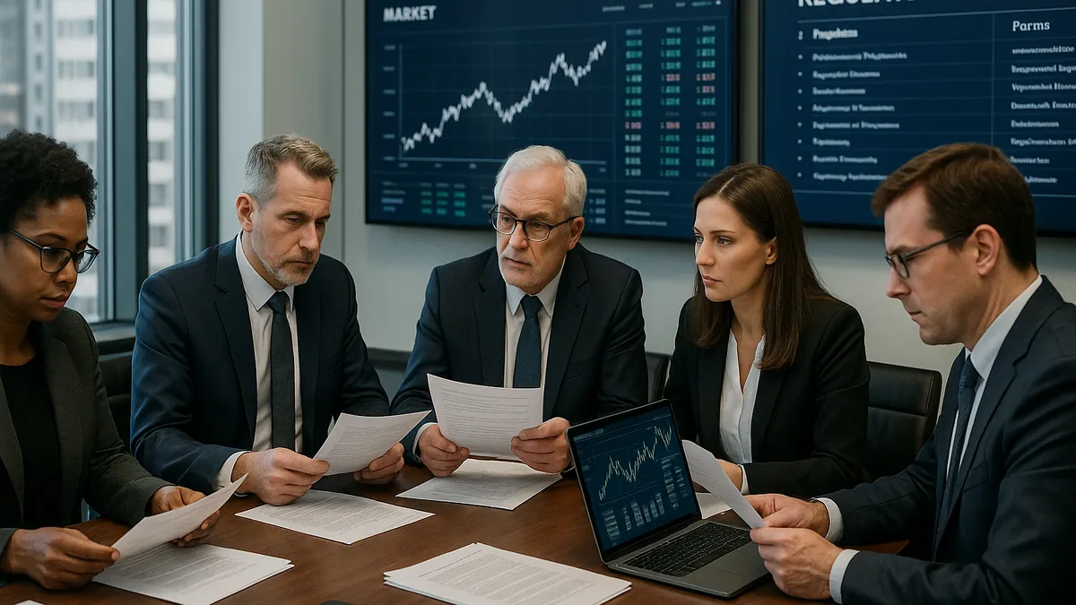Financial regulators and analysts reviewing market data and regulatory documents around a conference table in an office setting.