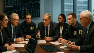 Financial regulators in a conference room discussing enforcement strategies with laptops and market data screens visible.