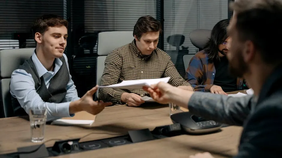 Four professionals exchanging documents during a meeting in an office setting.
