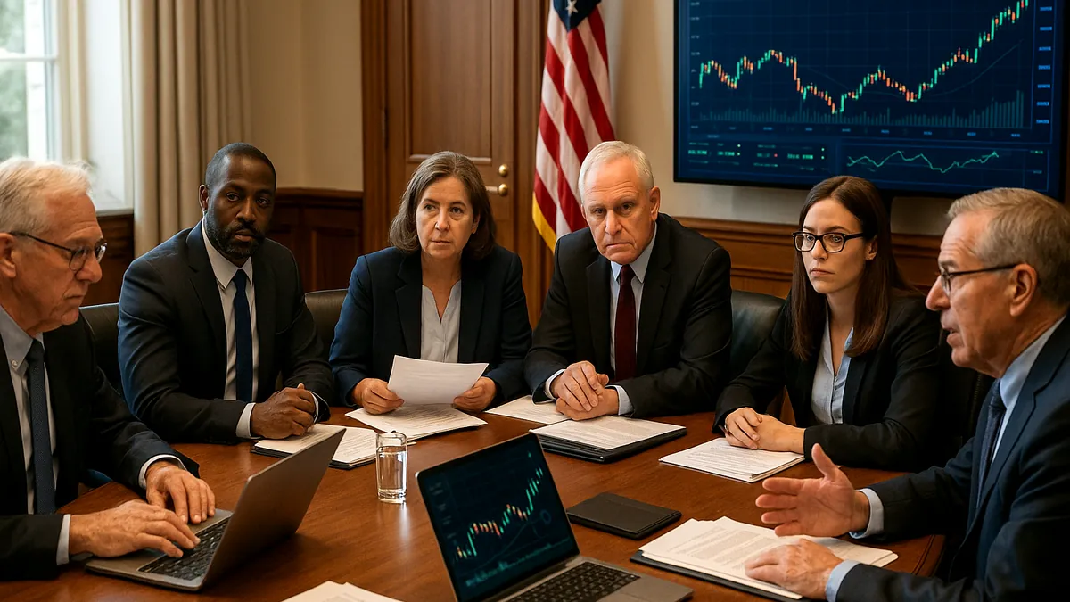 Government officials and advisors discussing cryptocurrency policy around a conference table with laptops and documents visible.