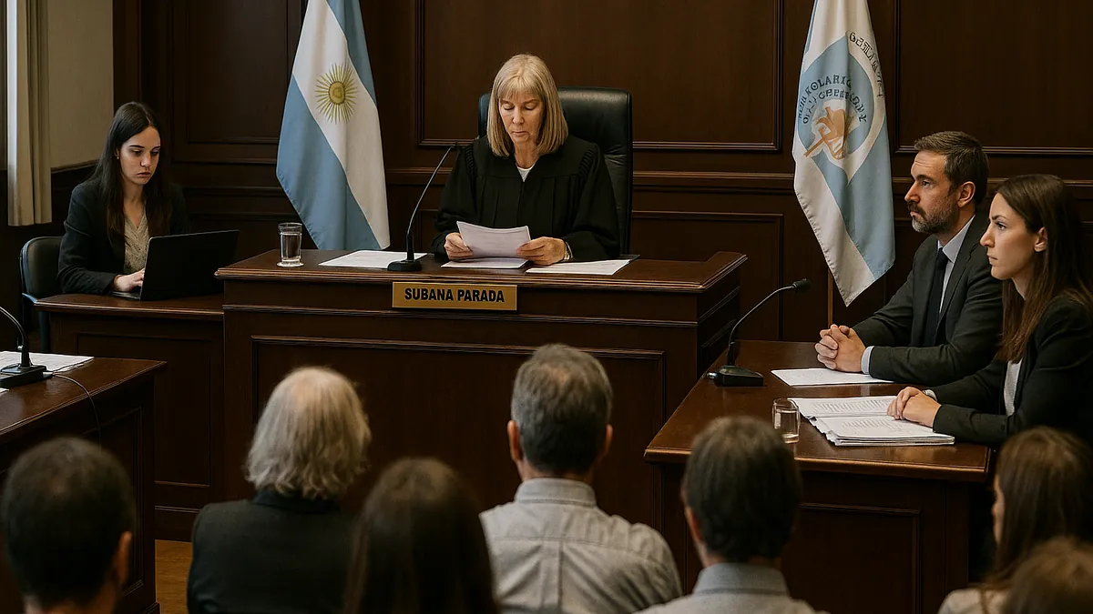 Inside a Buenos Aires courtroom, Judge Susana Parada is seen presiding over a legal proceeding with staff and observers present.
