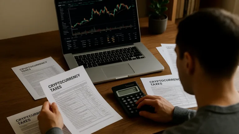Person at desk with cryptocurrency tax documents, laptop, and calculator working on crypto tax compliance.