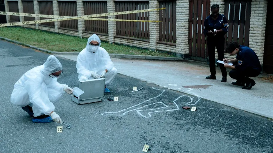 Police officers and investigators examine a crime scene with evidence markers and chalk outline.
