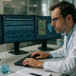 Scientist reviewing genetic sequencing data on computer screens in a laboratory setting with lab equipment around.