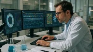 Scientist reviewing genetic sequencing data on computer screens in a laboratory setting with lab equipment around.