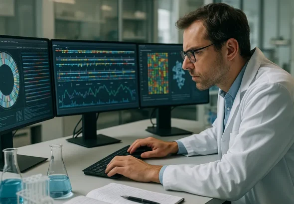 Scientist reviewing genetic sequencing data on computer screens in a laboratory setting with lab equipment around.