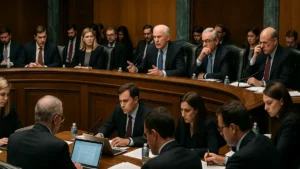 Senate Banking Committee members and staff engaged in a formal hearing on crypto legislation with laptops and documents visible.