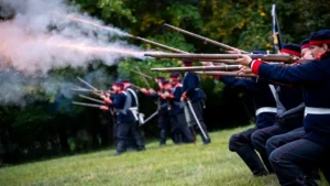 Soldiers in historical uniforms firing muskets in unison.