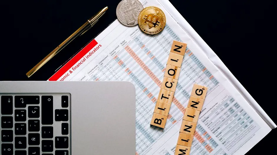 Top view of a laptop, Bitcoin coins, and financial indicators symbolizing Bitcoin mining and investment.