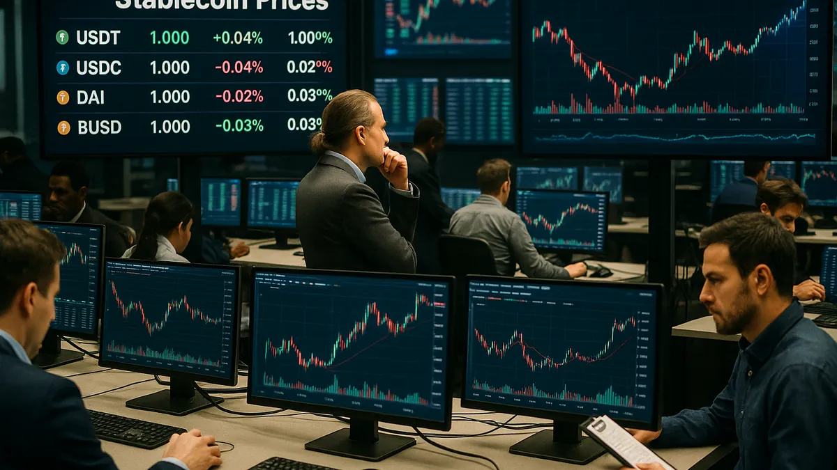 Traders at a cryptocurrency exchange floor monitoring stablecoin prices and market data on multiple screens.
