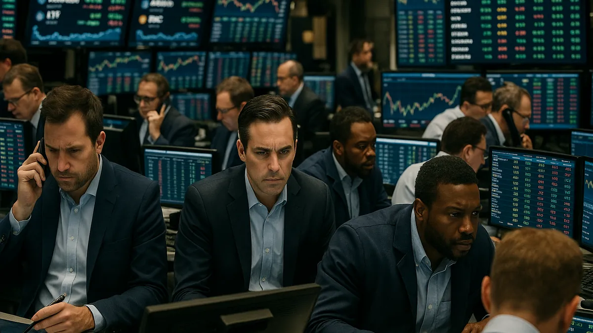 Traders on a busy floor watching multiple monitors showing cryptocurrency and ETF options data during active trading hours.