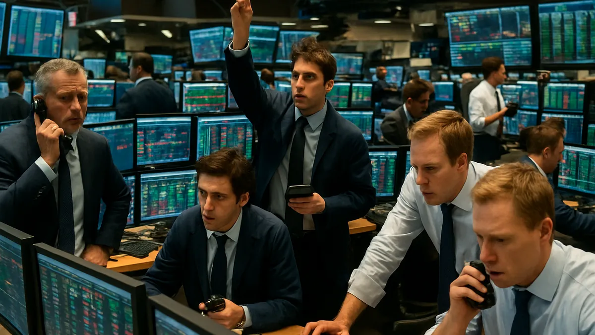 Traders on a busy stock exchange floor monitoring screens with stock prices and market data in a large financial institution.
