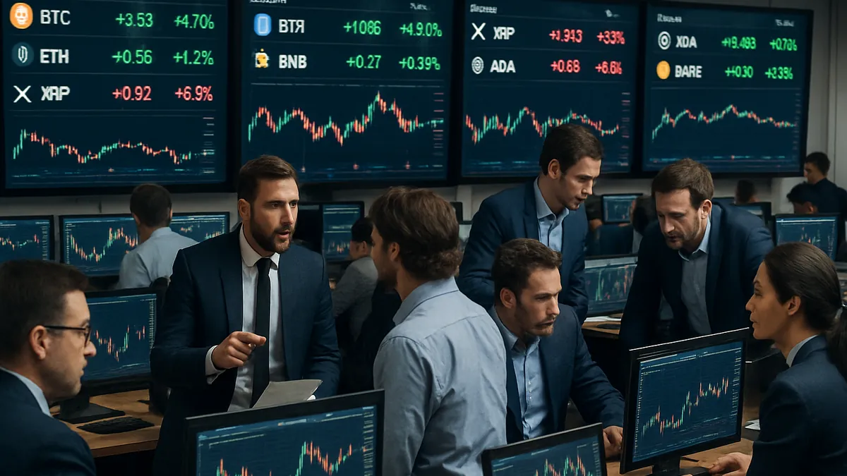 Traders on a cryptocurrency trading floor watching multiple screens showing token prices and market data.