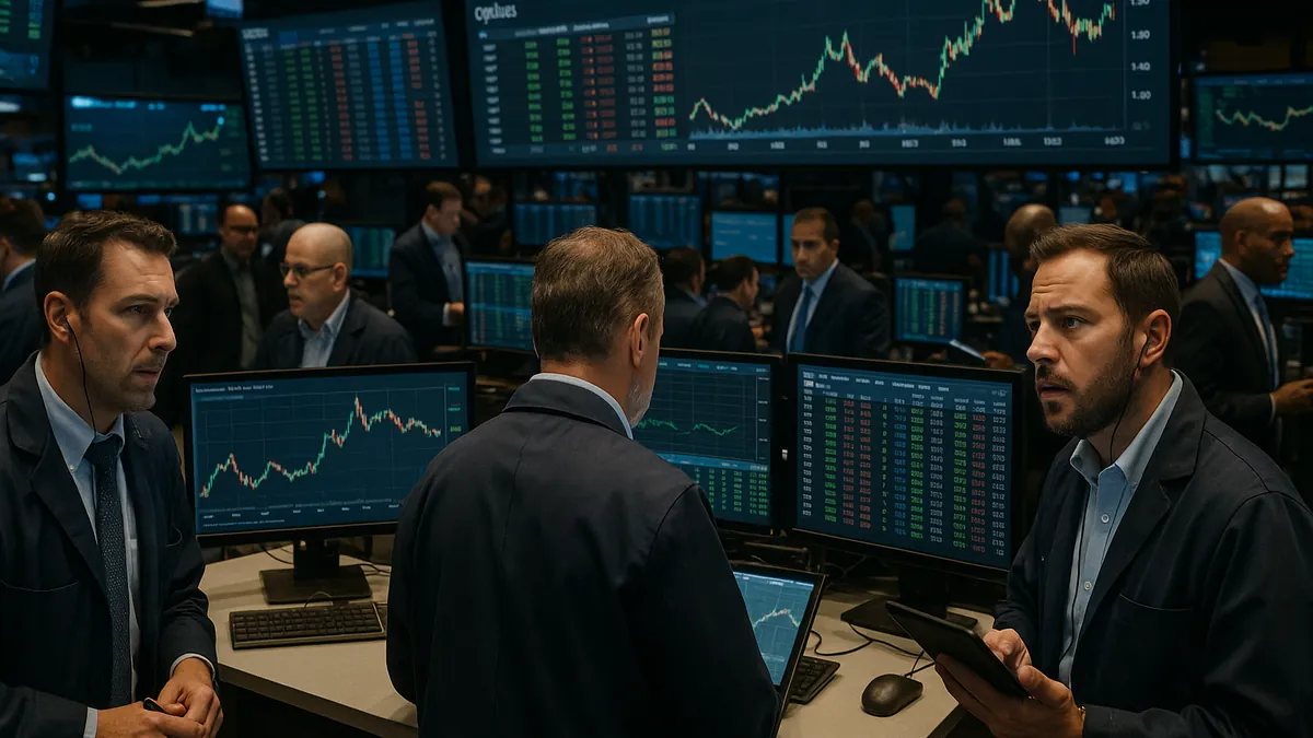 Traders on a stock exchange floor watching multiple monitors showing stock and options market data.