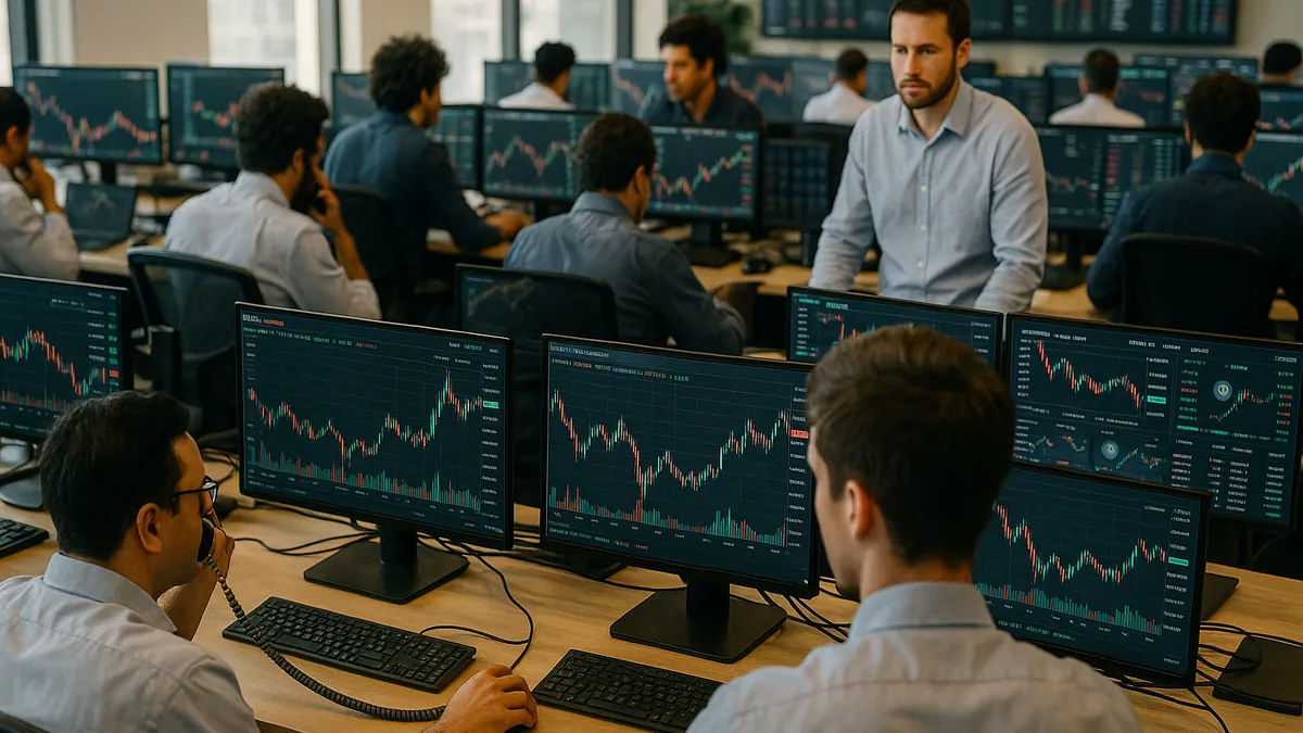 Traders working at a cryptocurrency exchange floor with multiple screens showing digital asset prices and market data