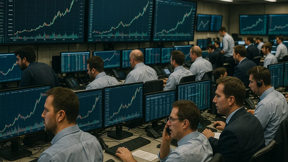 Traders working on a cryptocurrency trading floor with multiple monitors showing price charts and market data during an active rally.