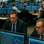Traders working on a financial trading floor surrounded by monitors showing market data and charts.