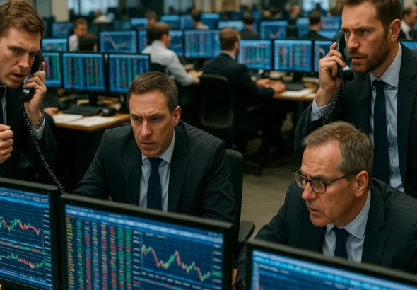 Traders working on a financial trading floor surrounded by monitors showing market data and charts.