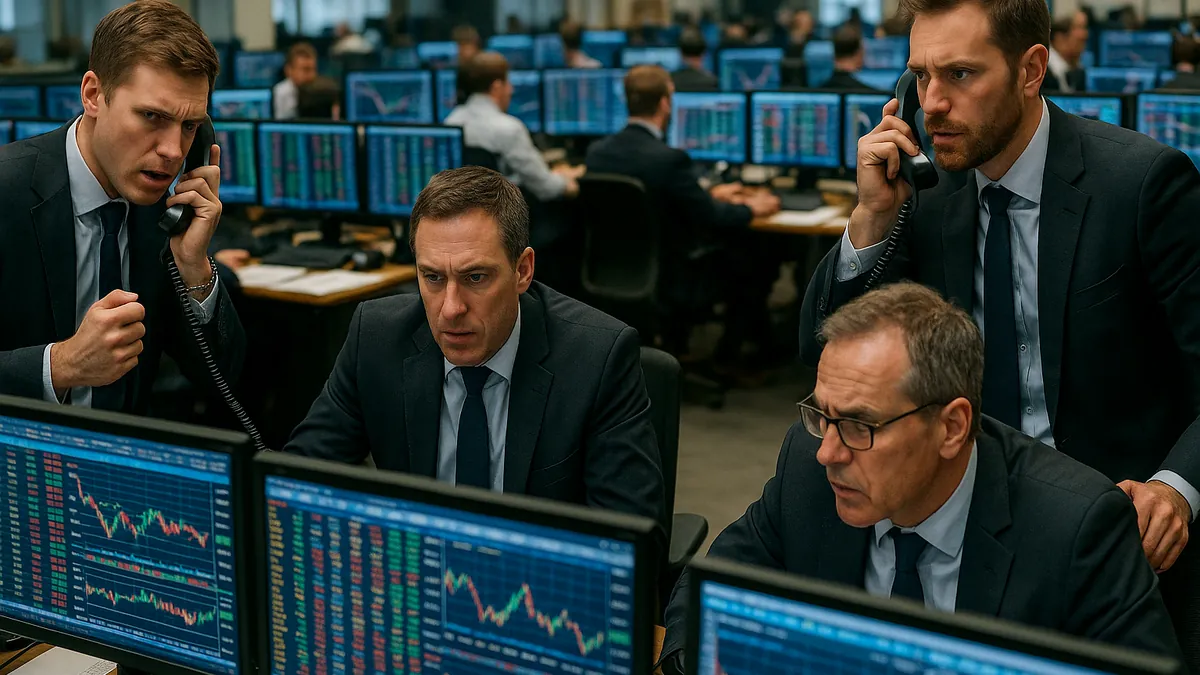 Traders working on a financial trading floor surrounded by monitors showing market data and charts.
