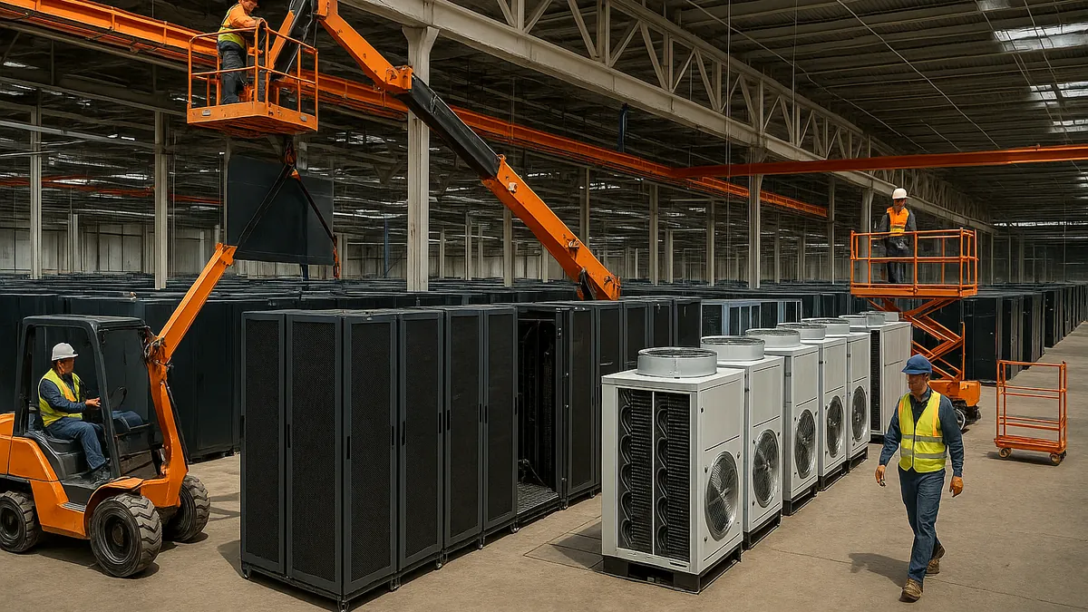 Wide view of a high-performance computing data center construction site with workers and heavy machinery installing server infrastructure.