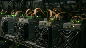 A Bitcoin mining rig with multiple machines and cooling fans operating inside a data center with visible blinking indicator lights.