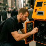 A crypto ATM technician servicing a Bitcoin kiosk on a city street with people walking nearby during the day.
